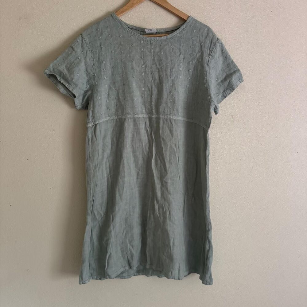 Marc + Ware Linen Dress M Sage Light Blue Floral Embroidered Lagenlook Cottageco